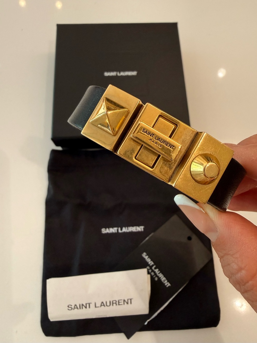 $550 Saint Laurent Studded Leather Bracelet S Black Unisex Father’s Day Gift YSL